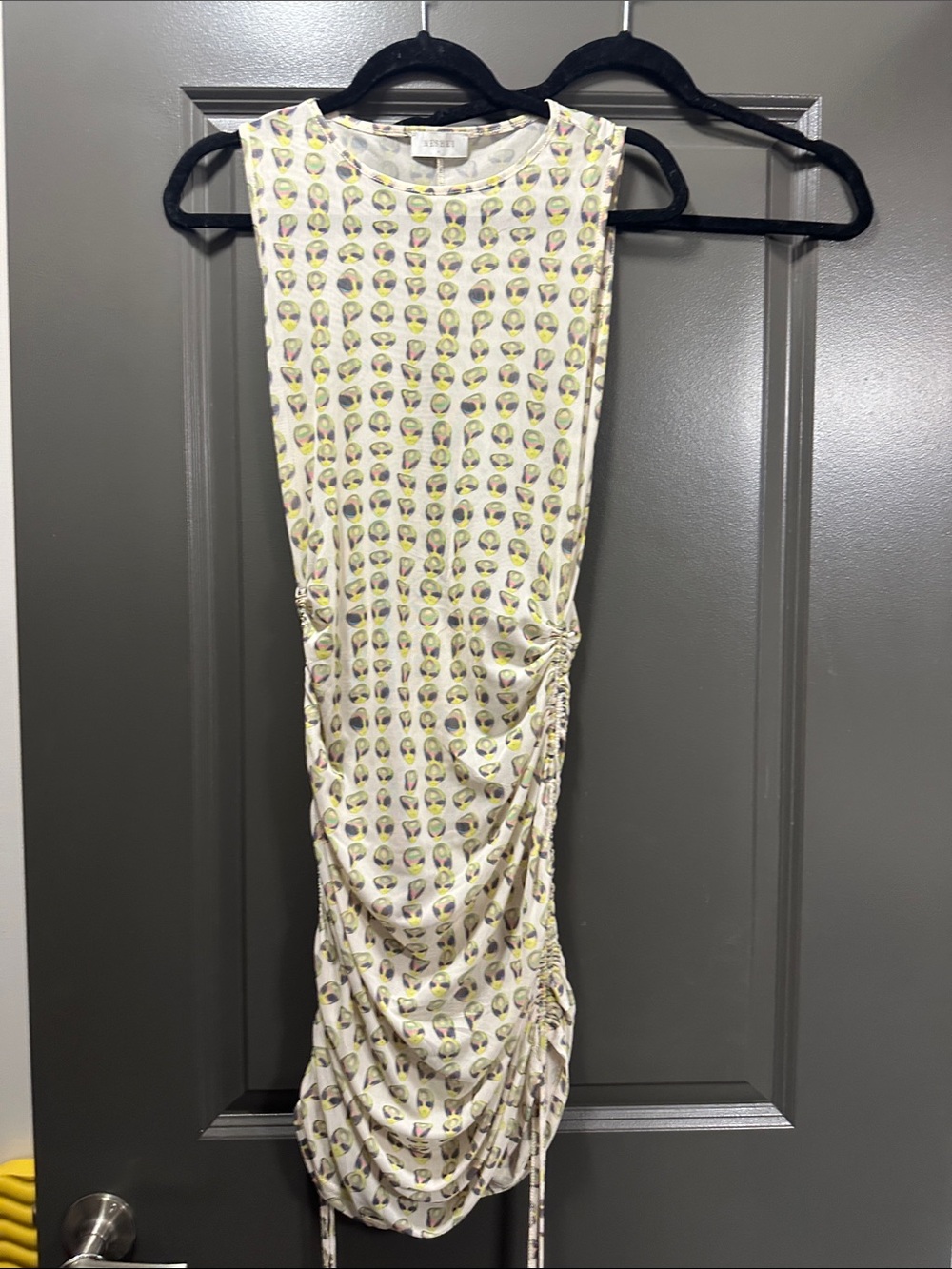 Meshki White Midi Dress with Yellow & Gray Oval Print